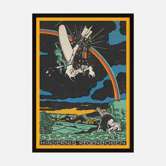 Vintage aviation art print titled Hindernis Regenbogen (Rainbow Obstacle) featuring a plane crashing into a rainbow under a dark sky with vibrant colors and bold design elements.