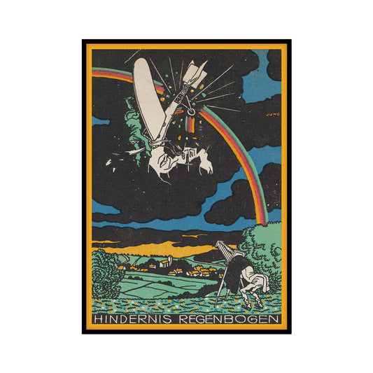 A colorful vintage poster titled Rainbow Obstacle by Moriz Jung, featuring a surreal illustration with a rainbow and a plane flying against it and dynamic, vivid colors, capturing the essence of early 20th century art.