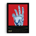 Conceptual art print showing a chrome robotic hand reaching upward against a vivid red background, futuristic and surreal minimalist design.