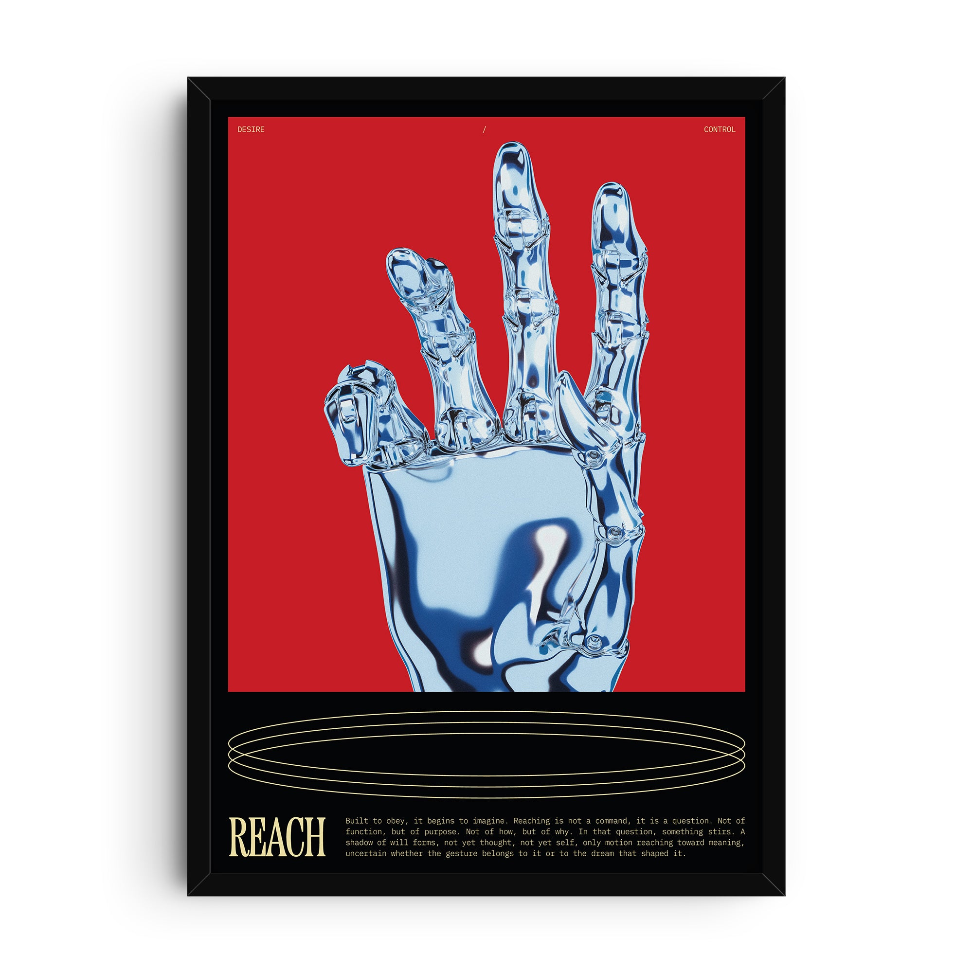 Conceptual art print showing a chrome robotic hand reaching upward against a vivid red background, futuristic and surreal minimalist design.