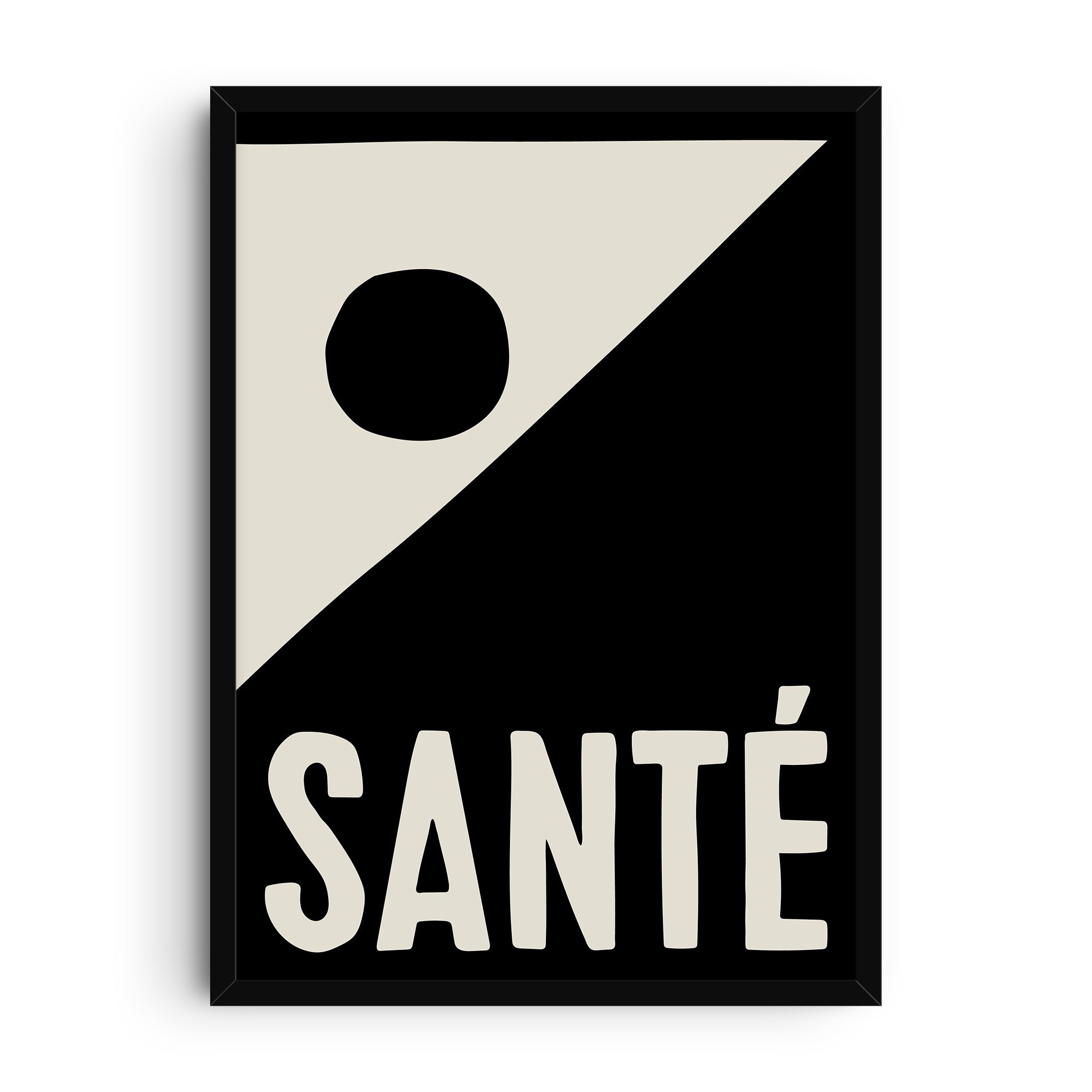 Minimalist black and cream art print featuring the word “Santé” in large hand-drawn letters with bold abstract shapes and geometric contrast, modern French inspired typography design.