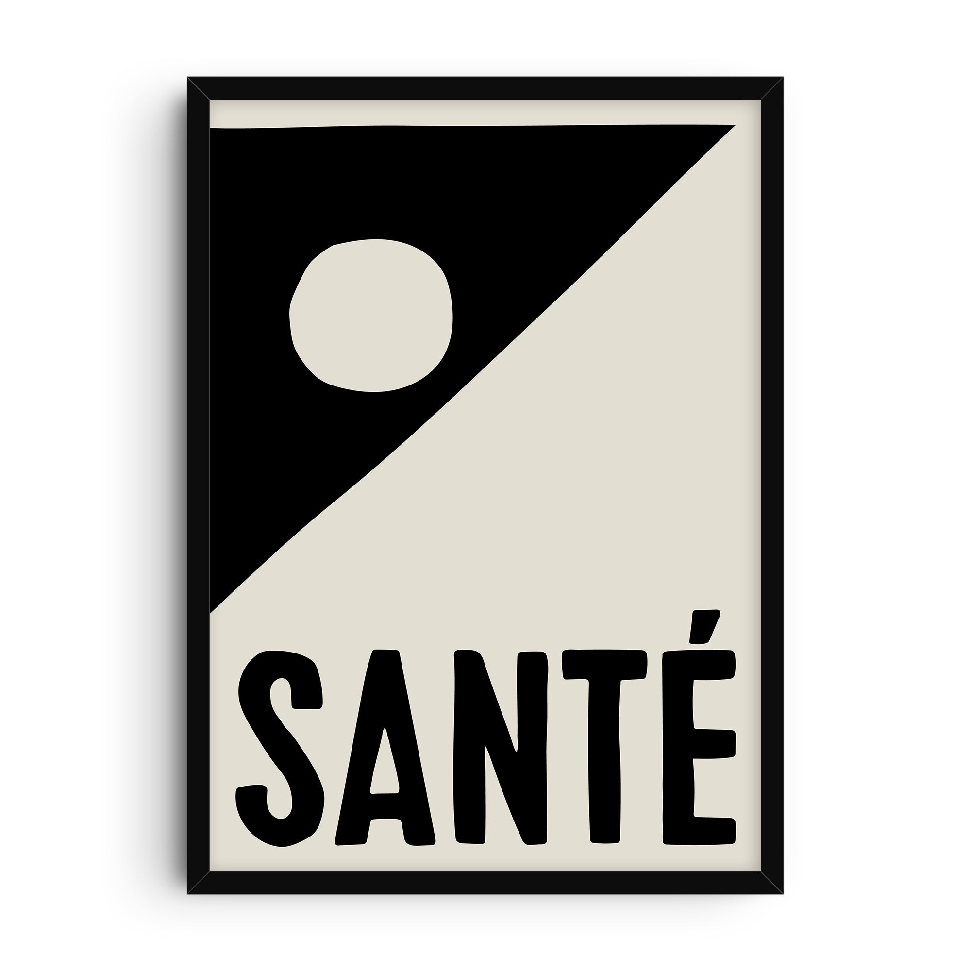 Minimalist light background art print with bold black letters spelling “Santé,” accented by abstract geometric shapes and hand-drawn typography, modern French inspired design.
