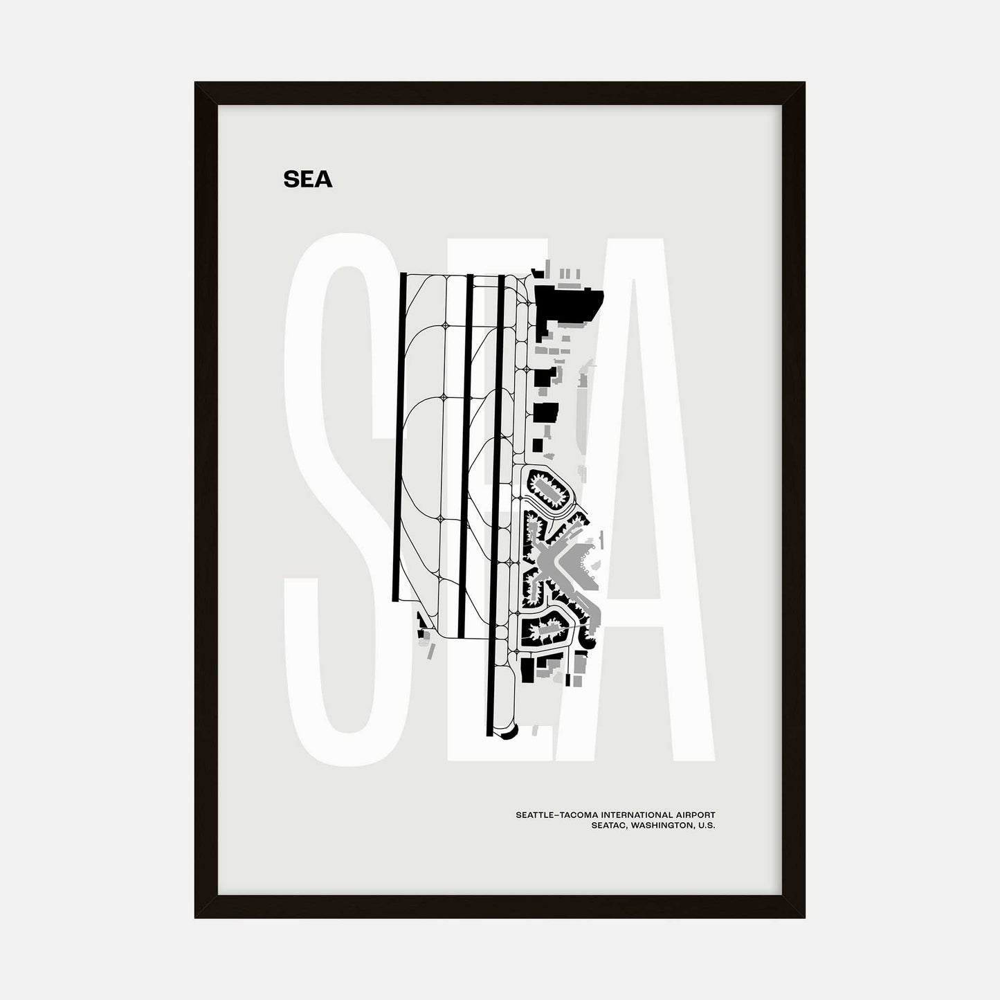 Minimalist art print of Seattle-Tacoma International Airport layout with black architectural details on a light background, labeled 'SEA'