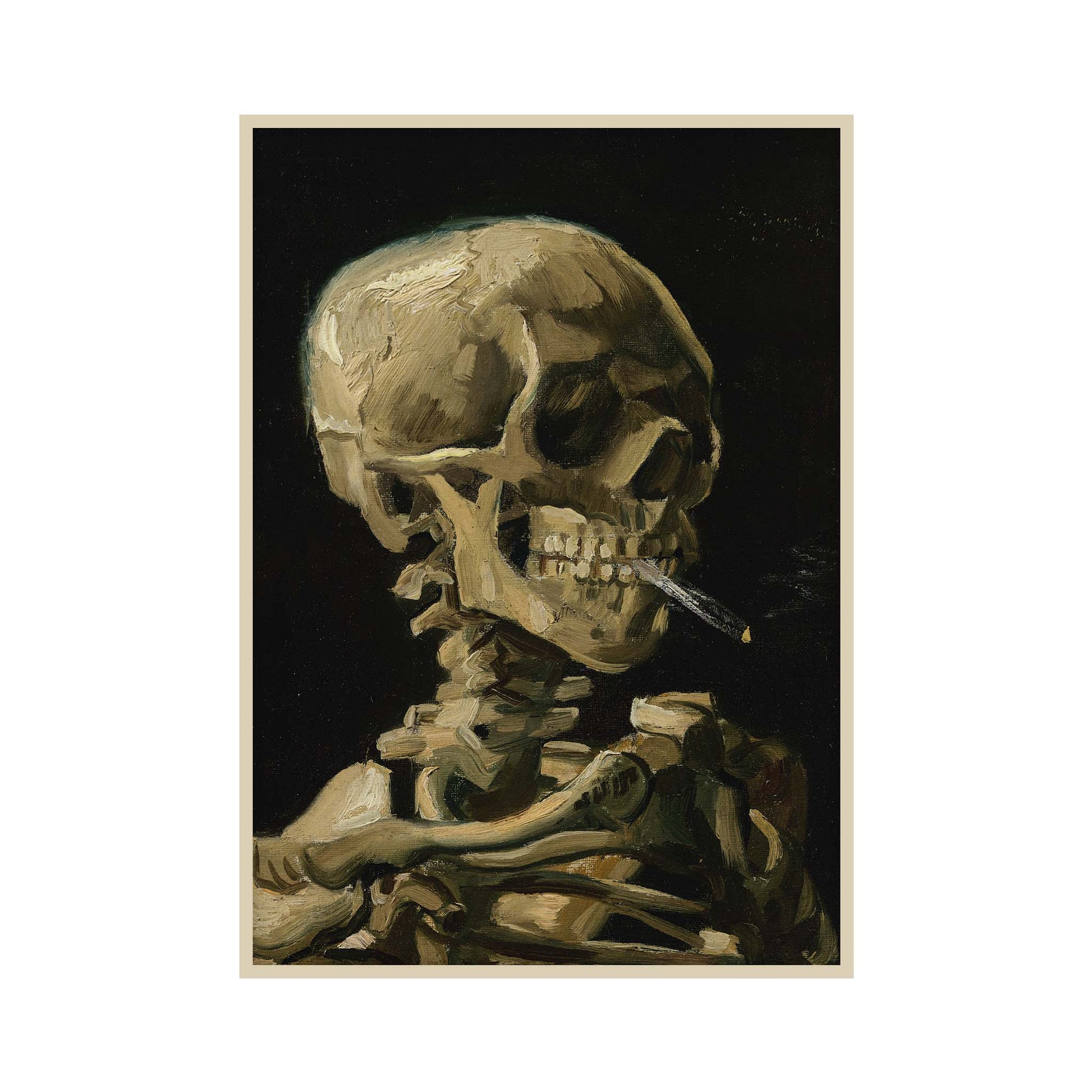 Poster of famous painting Head of a Skeleton with a Burning Cigarette by Vincent Van Gogh, depicting a skeleton smoking against a dark background. The classic artwork is rendered in Van Goghs distinctive style, featuring a vintage, gothic aesthetic.