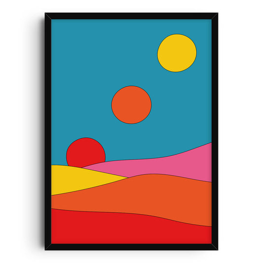 A vibrant abstract art print titled Solar Dreams featuring bold geometric shapes and bright colors including blue, yellow, red, and orange, representing a modern and minimalist sunrise landscape against a clear sky.