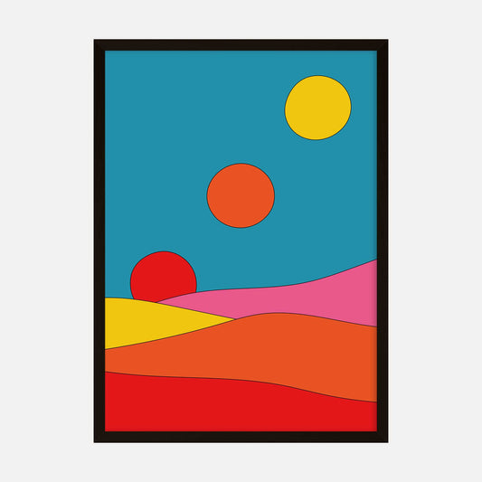 Abstract art print titled Solar Dreams, featuring colorful, overlapping shapes and multiple sun-like circles in bold shades of red, yellow, pink, and blue.