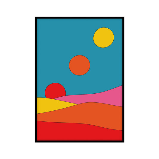 A vibrant abstract art print titled Solar Dreams featuring bold geometric shapes and bright colors including blue, yellow, red, and orange, representing a modern and minimalist sunrise landscape against a clear sky.