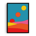 Minimalist abstract art print titled “Solar Dreams” with layered colorful hills in red, orange, yellow, and pink beneath a bright blue sky featuring three bold circular suns in red, orange, and yellow.
