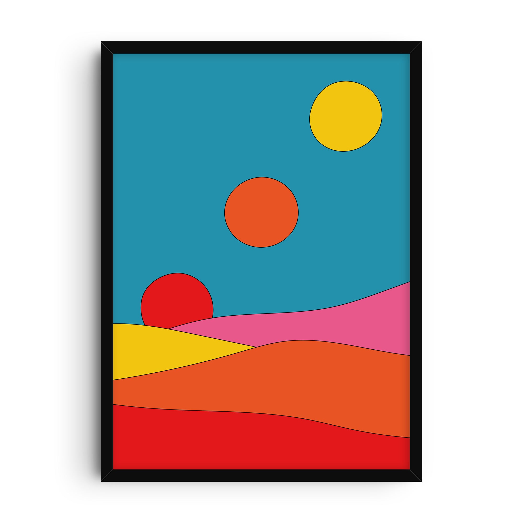 Minimalist abstract art print titled “Solar Dreams” with layered colorful hills in red, orange, yellow, and pink beneath a bright blue sky featuring three bold circular suns in red, orange, and yellow.
