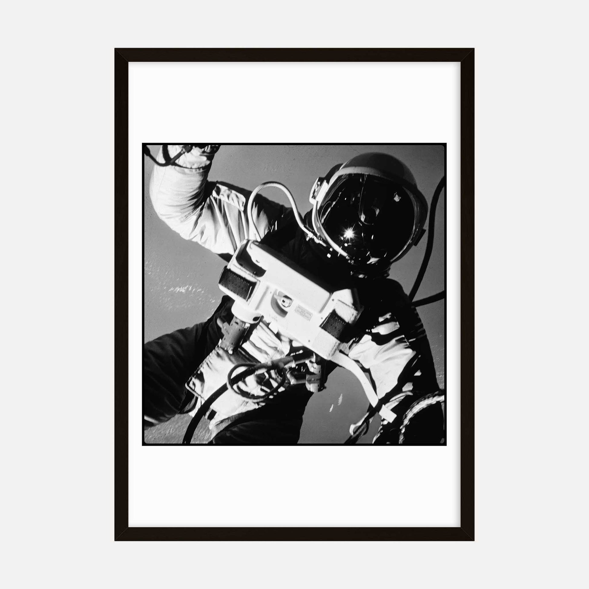 Black and white art print of astronaut Edward White during a historic spacewalk.