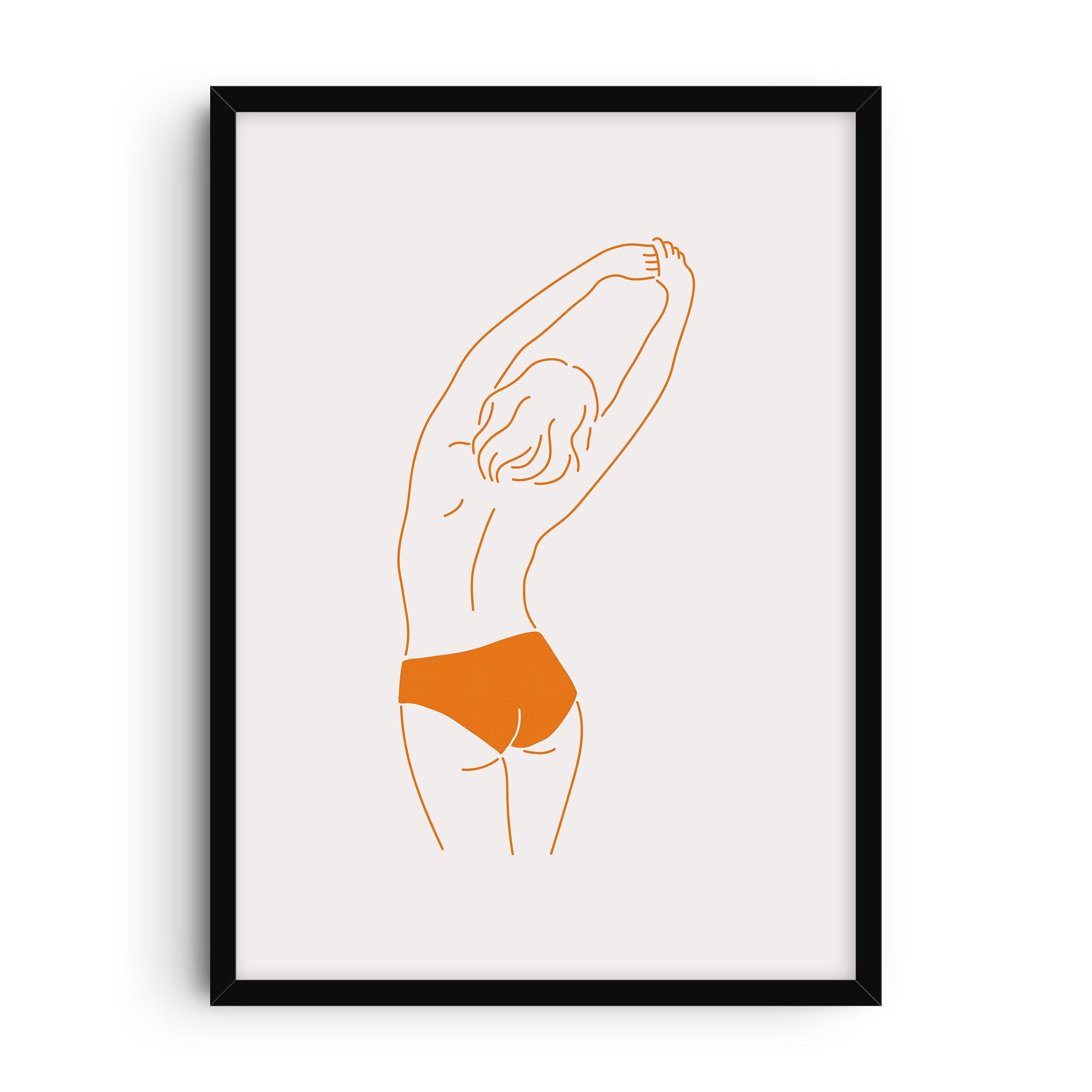 Minimalist line art print of a woman stretching with arms raised, orange outline with bold orange shorts accent, modern figurative artwork on light background.