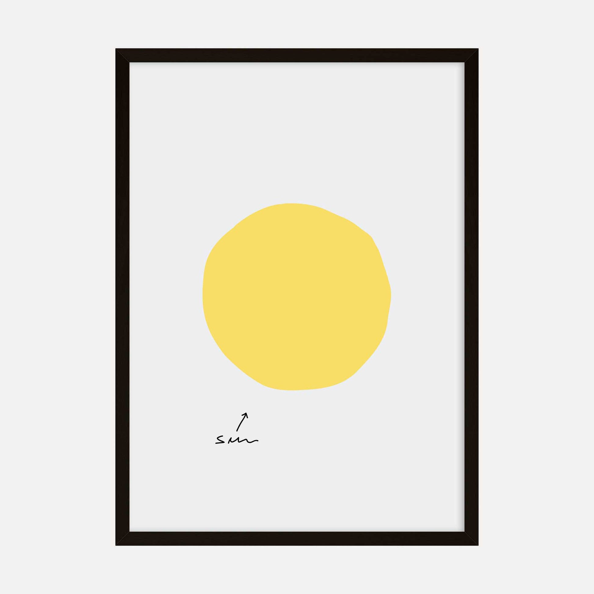 Minimalist art print of a yellow sun with a playful handwritten label, perfect for modern and contemporary decor.