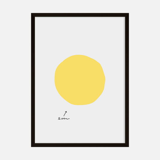 Minimalist art print of a yellow sun with a playful handwritten label, perfect for modern and contemporary decor.