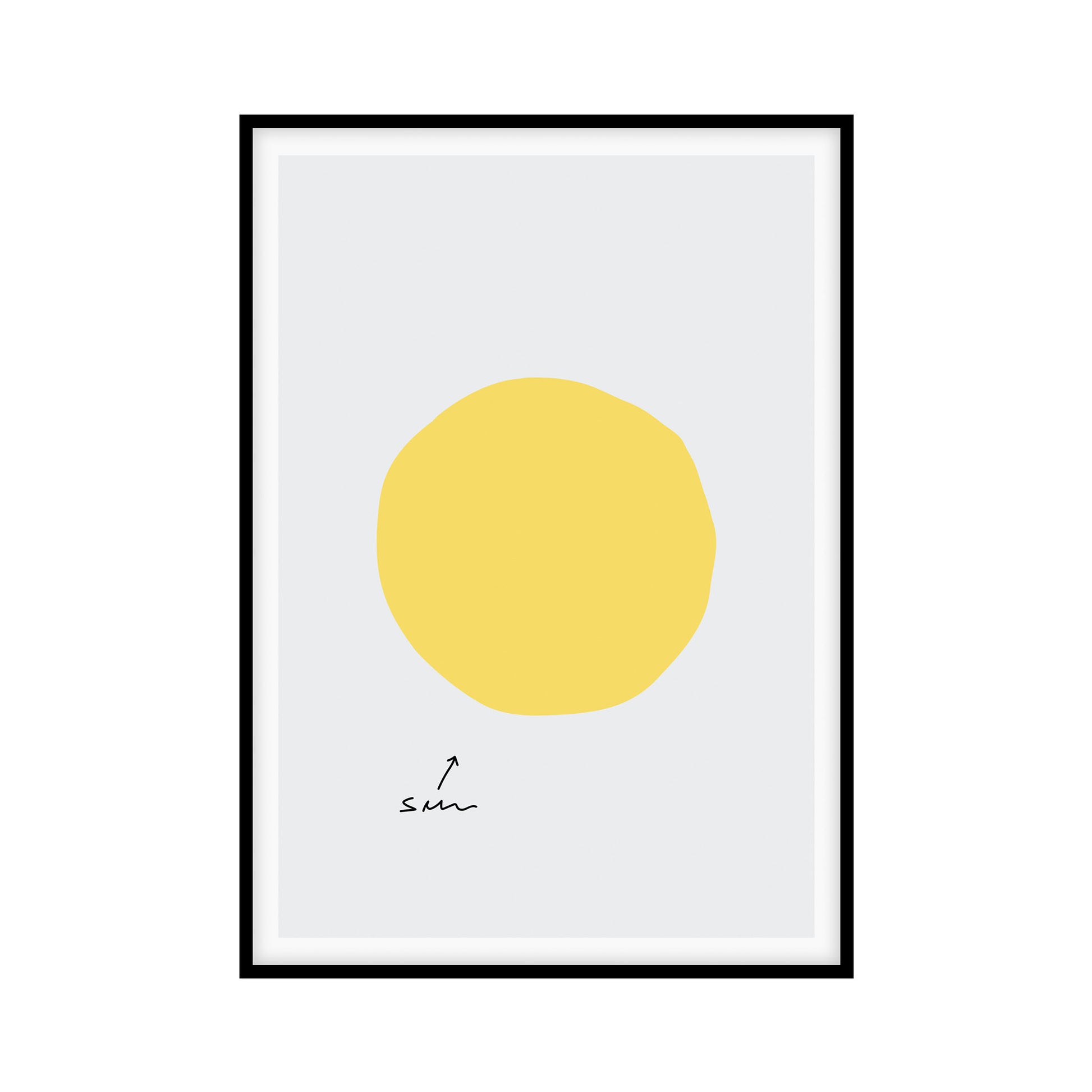 Poster with a very light gray background featuring a big yellow hand-drawn circle in the middle. Underneath is a small hand-drawn black arrow pointing at it with handwritten text reading: sun.