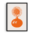 Minimalist art print of a bright orange sunflower with detailed petals in a rounded vase, bold silhouette style with reflective highlights, modern botanical illustration on a light background.