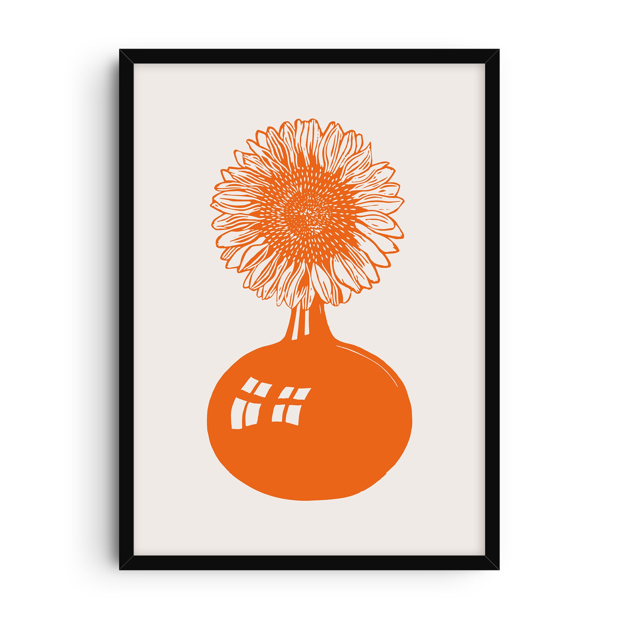 Minimalist art print of a bright orange sunflower with detailed petals in a rounded vase, bold silhouette style with reflective highlights, modern botanical illustration on a light background.