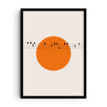 Minimalist art print with a large orange sun and black silhouettes of birds perched on power lines, clean modern graphic style blending nature and urban elements.