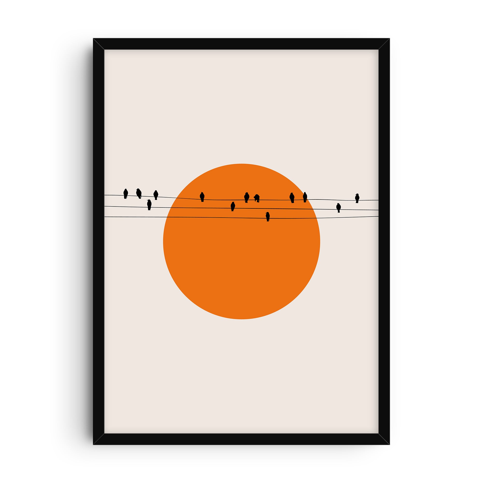 Minimalist art print with a large orange sun and black silhouettes of birds perched on power lines, clean modern graphic style blending nature and urban elements.