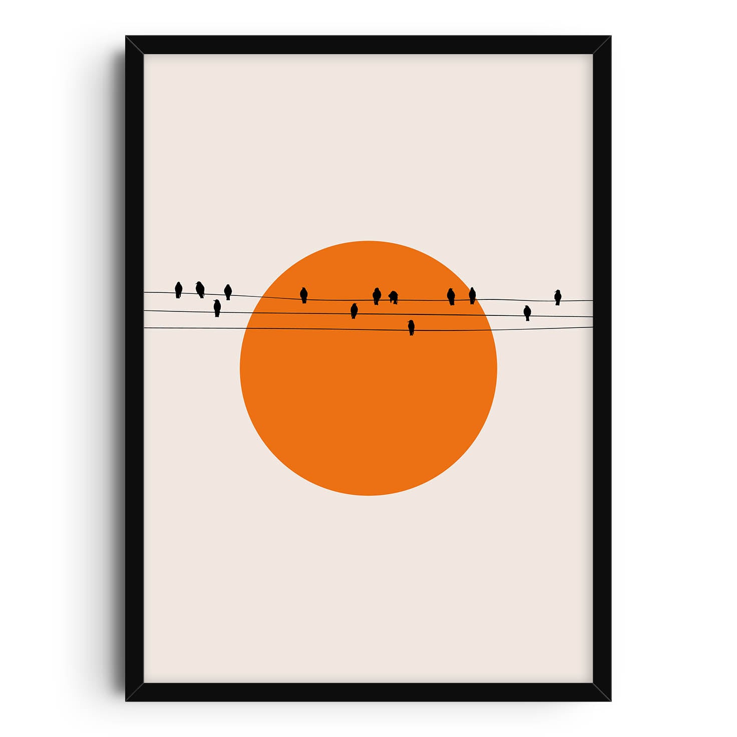 A minimalist art print featuring the silhouette of birds perched on power lines in front of a large orange sun against a neutral background.