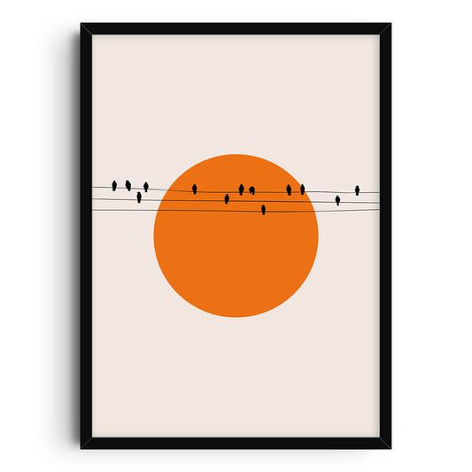 A minimalist art print featuring the silhouette of birds perched on power lines in front of a large orange sun against a neutral background.