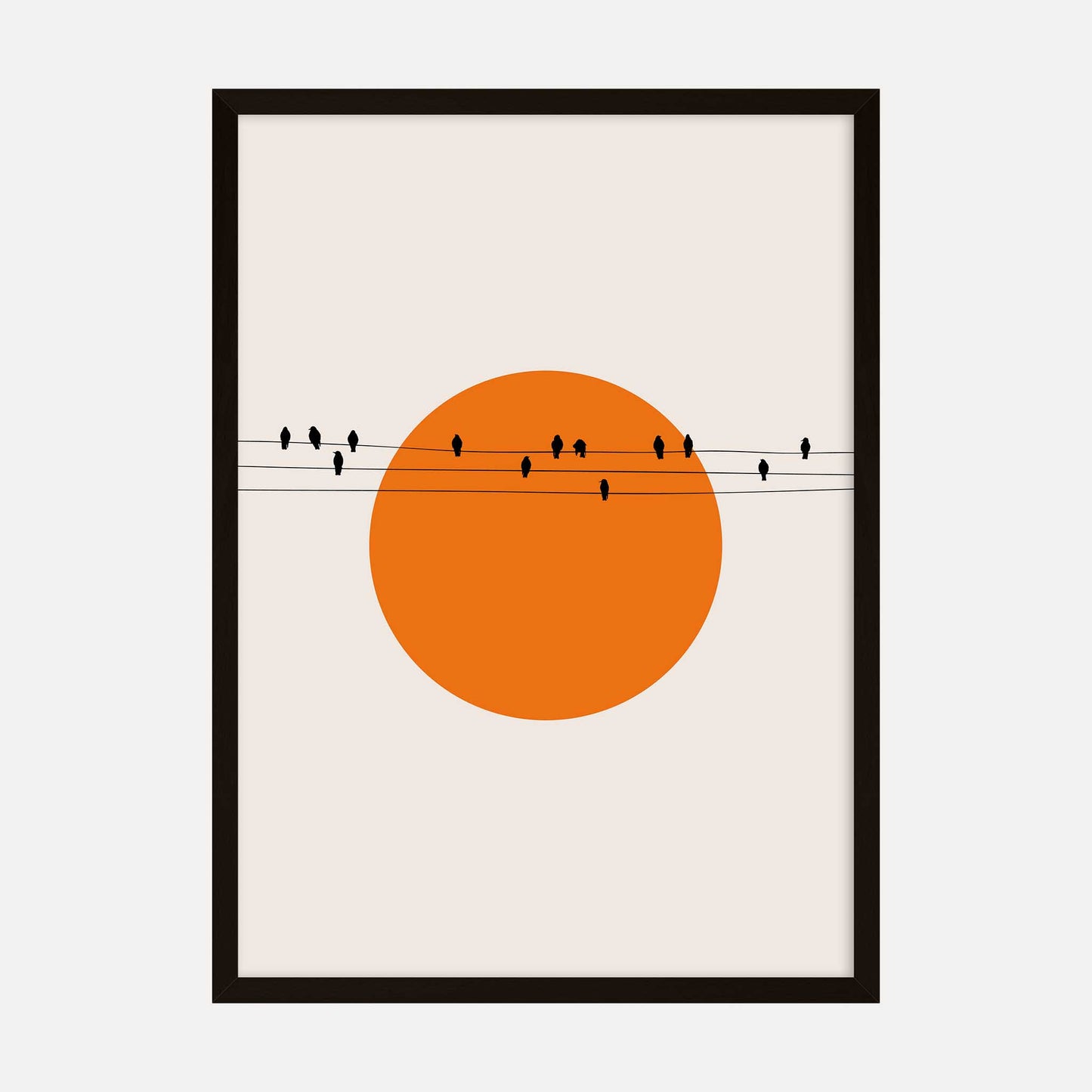 Minimalist art print featuring silhouetted birds on power lines with a bold orange sun in the background.