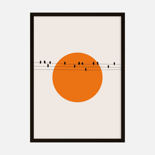 Minimalist art print featuring silhouetted birds on power lines with a bold orange sun in the background.