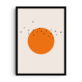 Minimalist art print with a large bold orange sun and black bird silhouettes flying across the sky, clean modern graphic style on a light background.