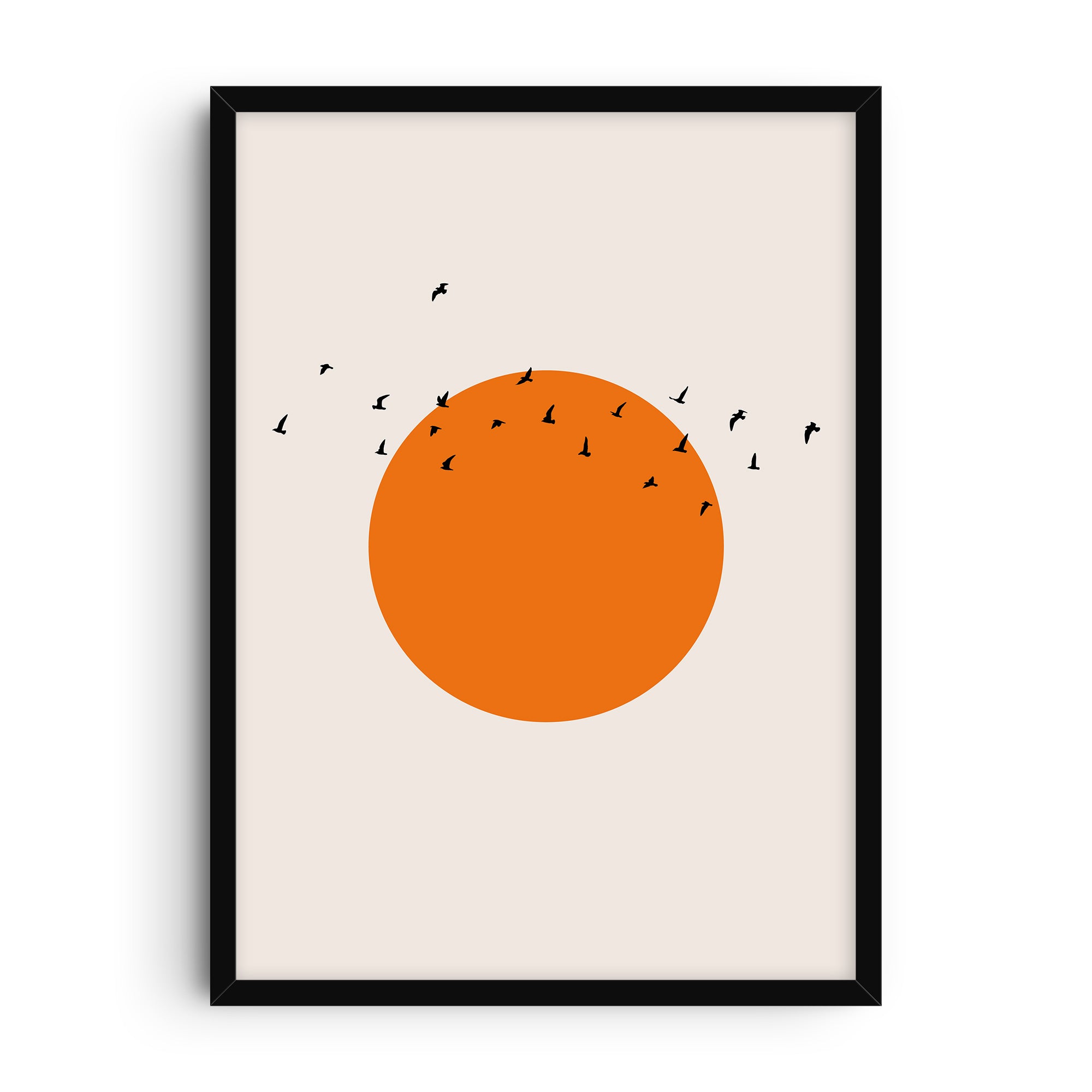 Minimalist art print with a large bold orange sun and black bird silhouettes flying across the sky, clean modern graphic style on a light background.