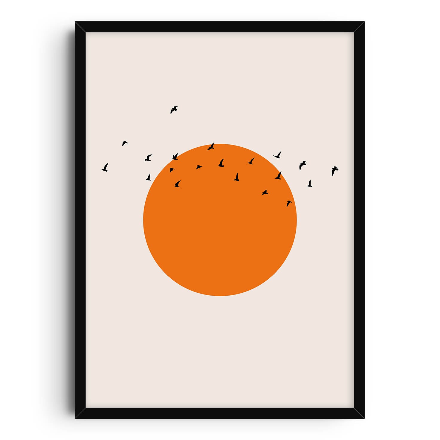 A minimalist art print featuring a large orange sun with a flock of black birds flying across a calm, neutral background, symbolizing peace and freedom.