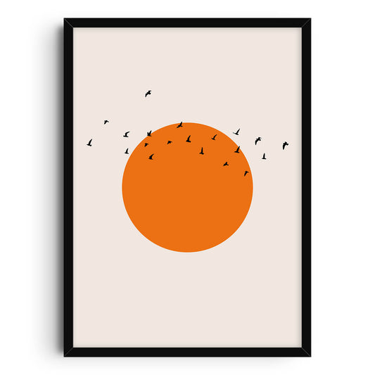 A minimalist art print featuring a large orange sun with a flock of black birds flying across a calm, neutral background, symbolizing peace and freedom.