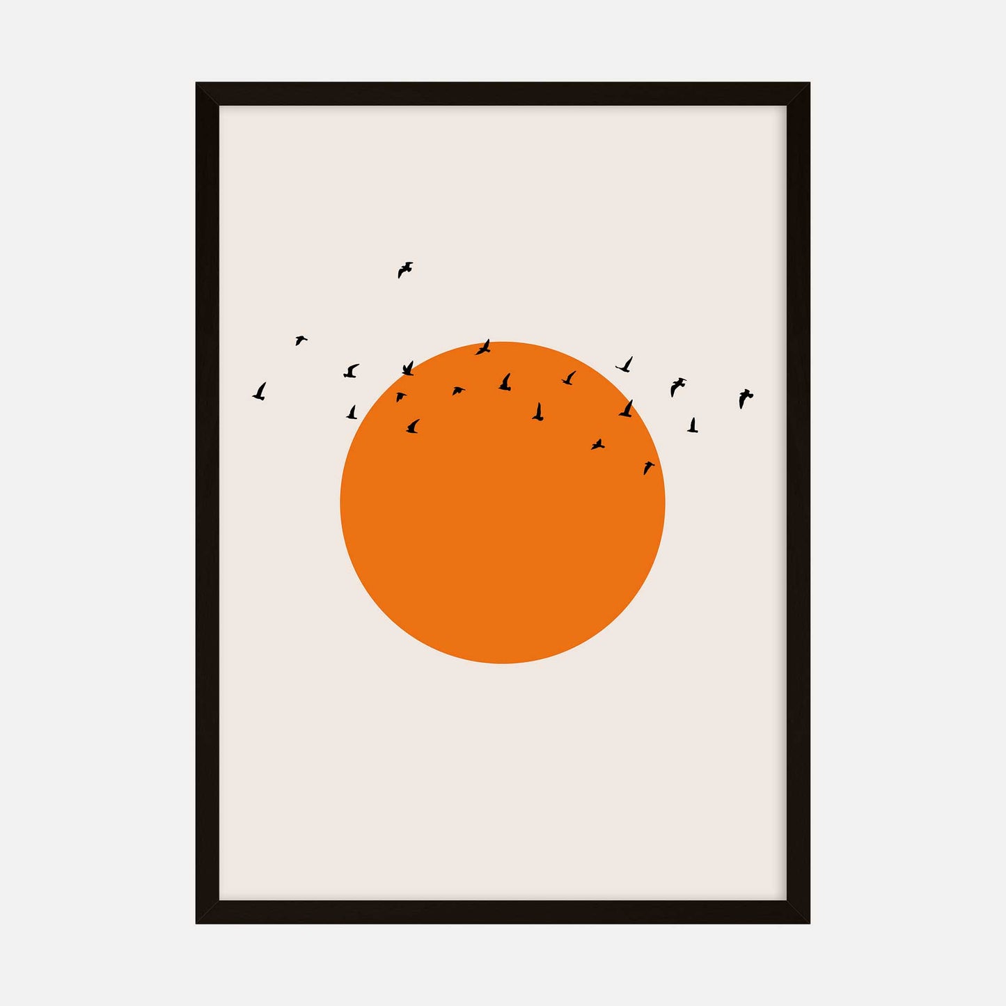 Minimalist art print with flying birds silhouetted against a large orange sun.