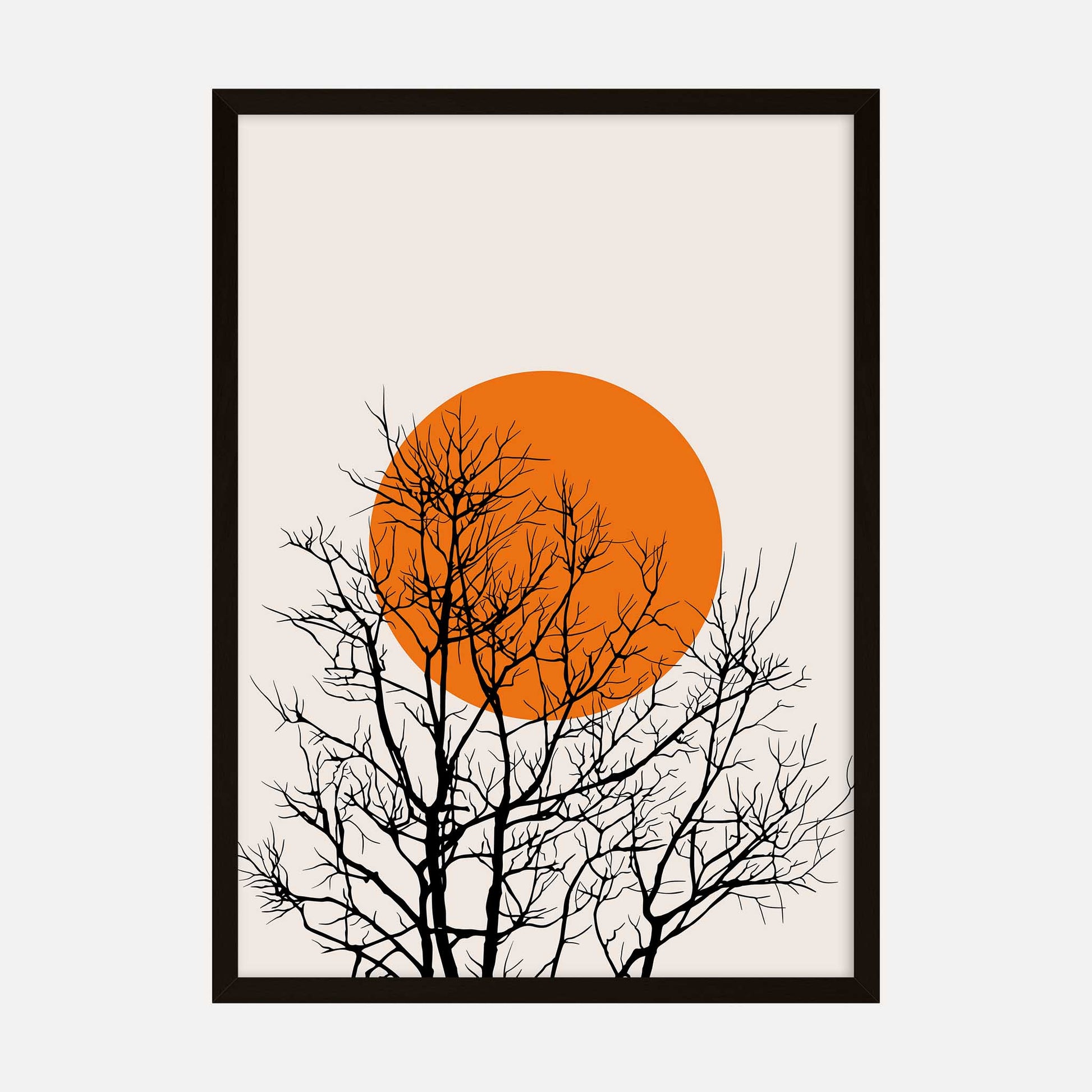 Minimalist art print of a bare tree silhouette against a large orange sun.