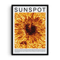 Art print of a sunspot showing fiery textures and dark core on the solar surface, vivid orange and black details in a modern scientific style.