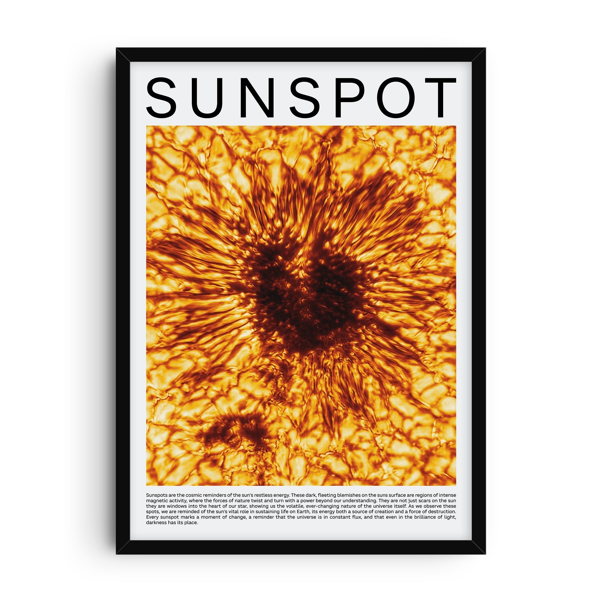 Art print of a sunspot showing fiery textures and dark core on the solar surface, vivid orange and black details in a modern scientific style.