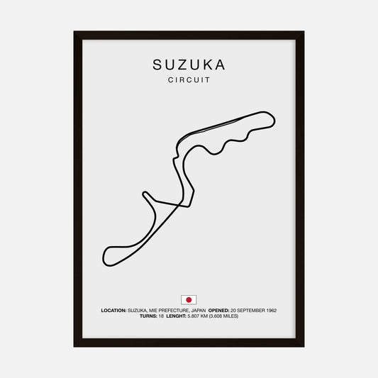 Minimalist art print of the Suzuka Circuit track outline, featuring the unique layout of the famous Japanese racing circuit.