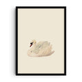 Minimalist art print of a swan in soft natural tones, detailed illustration with a light background, blending vintage charm and modern simplicity.