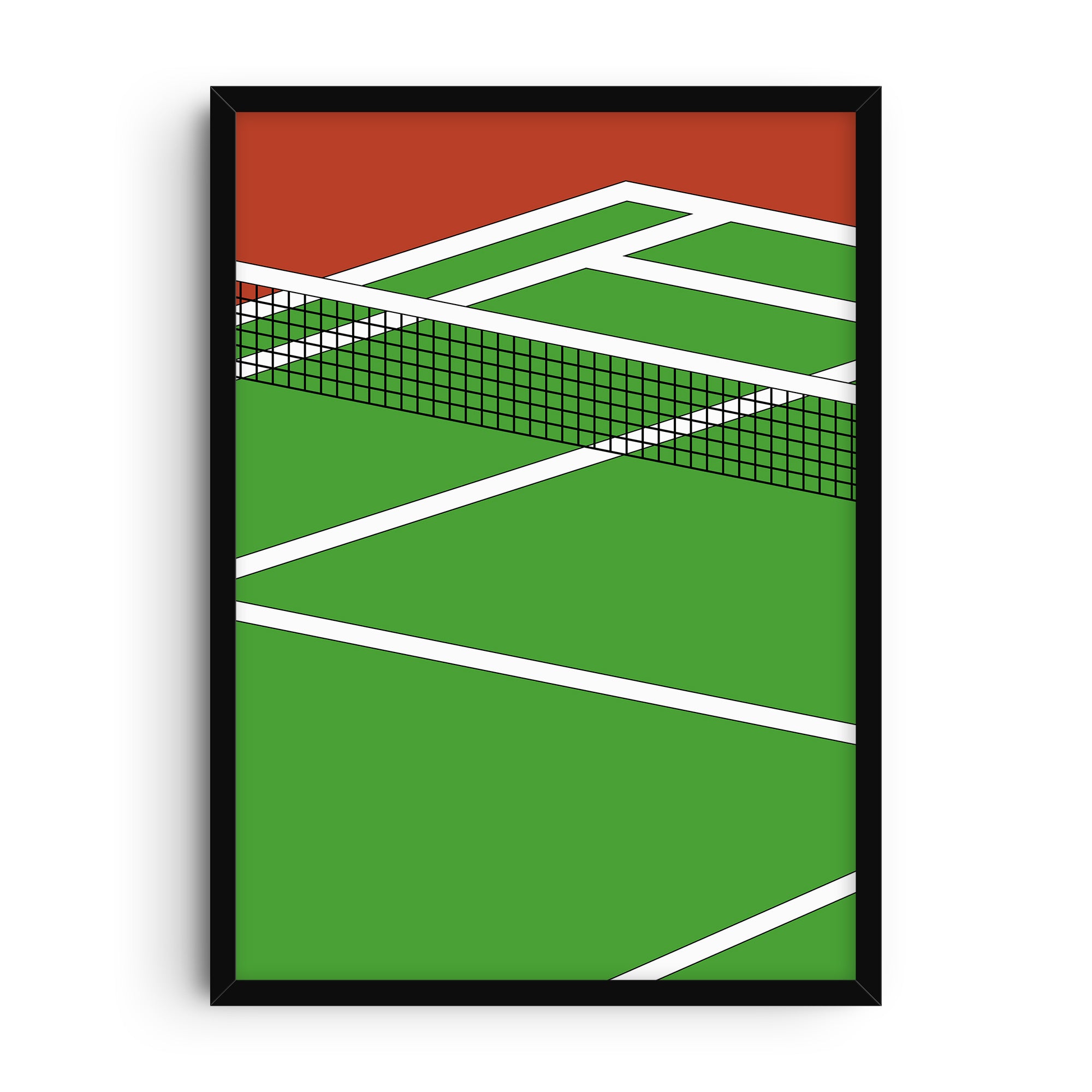 Minimalist tennis court art print showing a green playing surface with bold white lines, a black net in the foreground, and a terracotta clay backdrop in a geometric perspective.