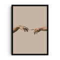 Minimalist art print inspired by Michelangelo’s The Creation of Adam, showing two detailed hands reaching toward each other against a neutral beige background.