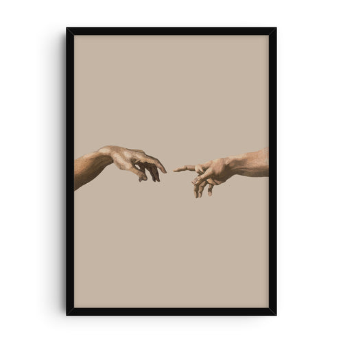 Minimalist art print inspired by Michelangelo’s The Creation of Adam, showing two detailed hands reaching toward each other against a neutral beige background.