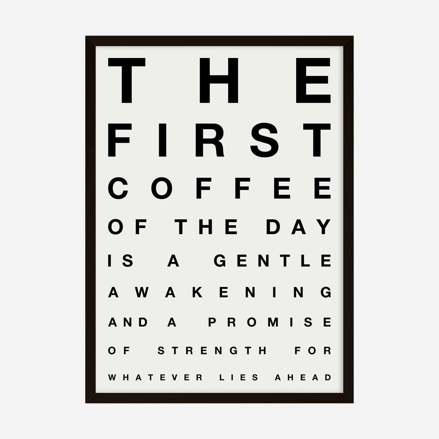 First Coffee of the Day eye chart-style art print with motivational message in bold typography.