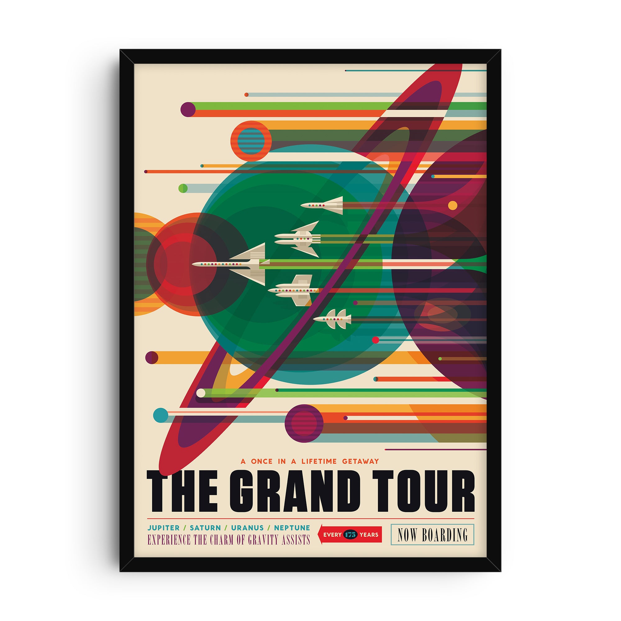 NASA retro-style poster titled The Grand Tour, featuring colorful overlapping planets and spacecraft flying across their orbits. Text highlights Jupiter, Saturn, Uranus, and Neptune with a tagline about a once-in-a-lifetime space journey.