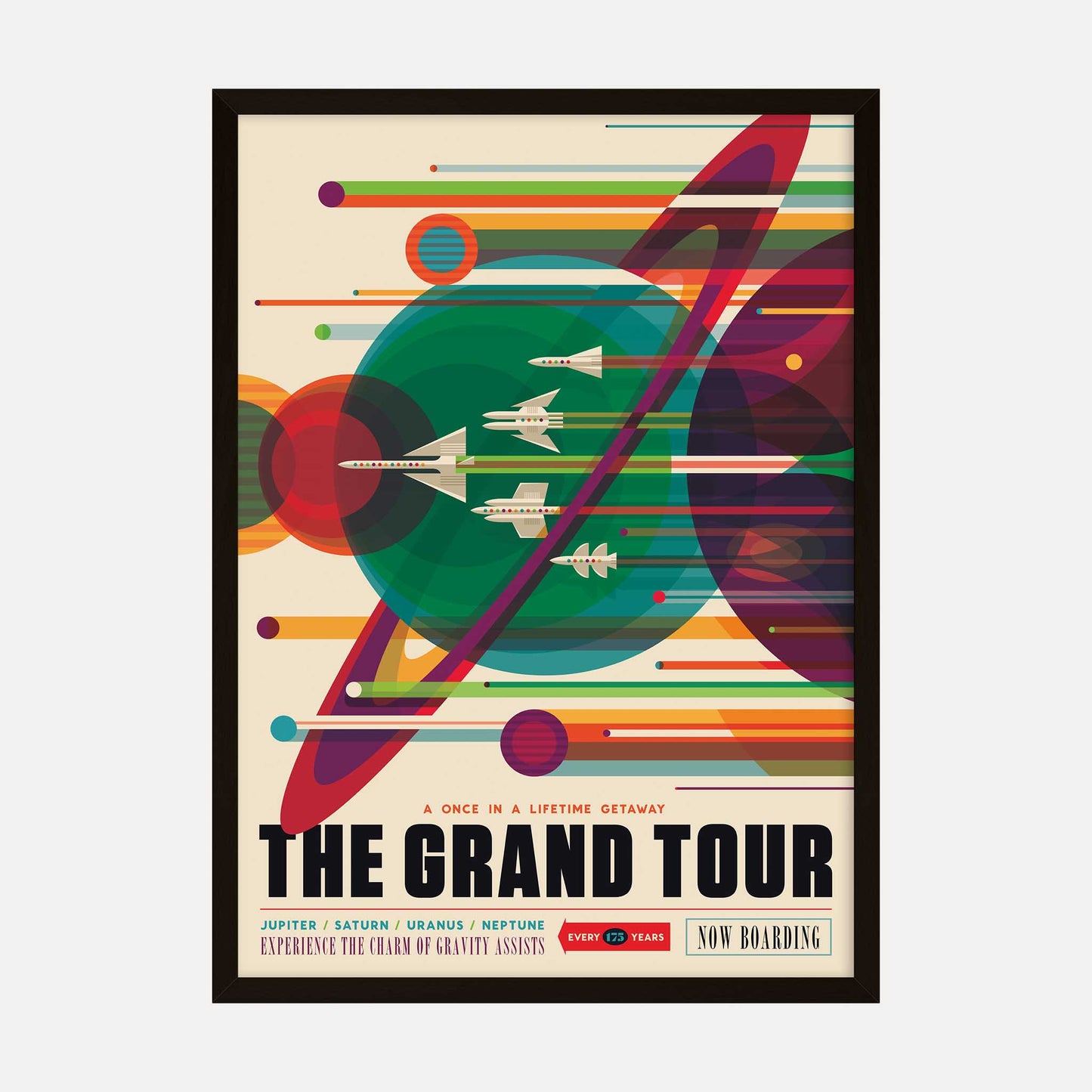 Retro-inspired art print of 'The Grand Tour,' featuring colorful planetary orbits and spacecraft, evoking vintage space tourism aesthetics.