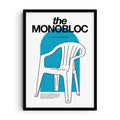 Minimalist art print featuring a black line drawing of the iconic white Monobloc chair with bold typography and a bright cyan and white background.