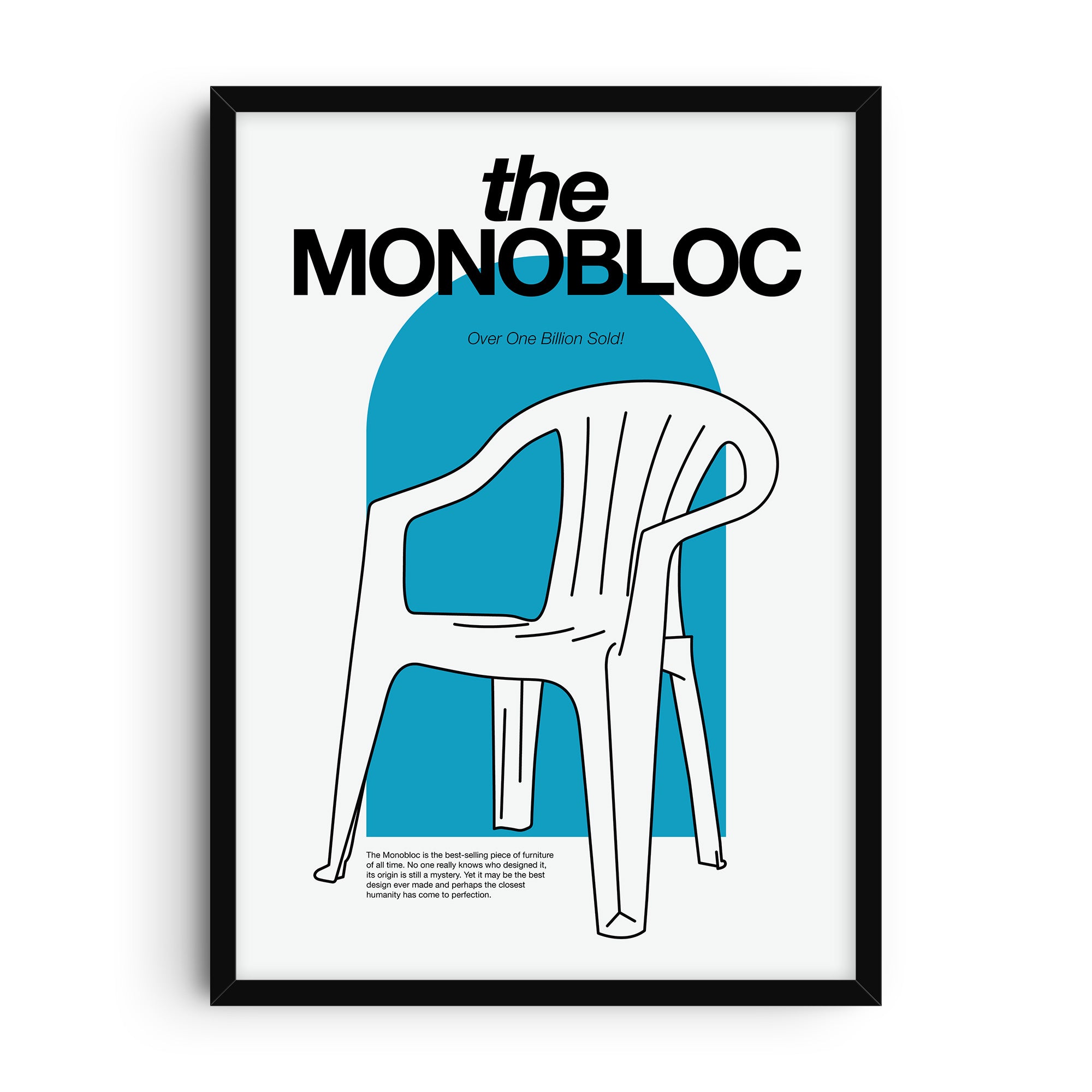Minimalist art print featuring a black line drawing of the iconic white Monobloc chair with bold typography and a bright cyan and white background.