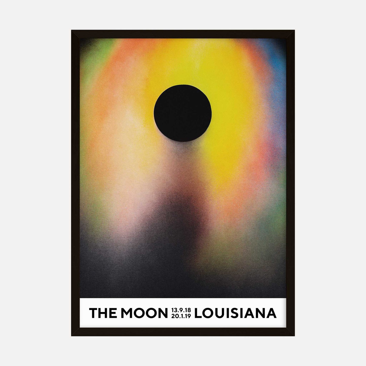 Art print for "The Moon" exhibition at the Louisiana Museum, Denmark, featuring a black moon against a vibrant, abstract backdrop.