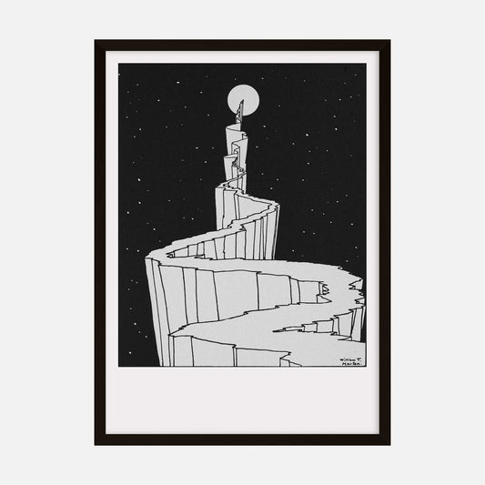 Surreal art print featuring a staircase leading toward the moon, set against a starry sky.