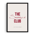 Minimalist typography art print with the phrase “The Snooze Club” in bold red letters, a handwritten script overlay, and the line “Just five more minutes” on a light background.