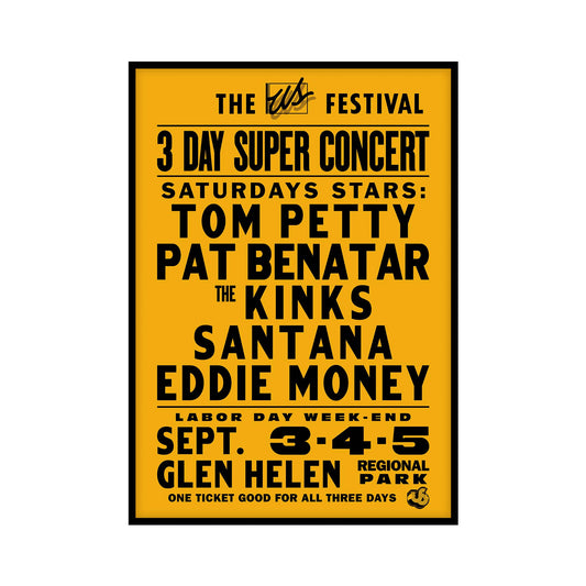 Vintage poster for The US Festival 1982 featuring an orange background with black text. The poster displays the lineup for Saturday, including artists like Tom Petty and Eddie Money.