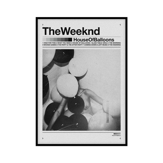 Poster featuring a recreated vertical format of the House of Balloons album cover by The Weeknd, in black and white with the tracklist included.