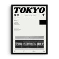 Modern poster design featuring bold typography reading “Tokyo” with Japanese text, flight icon, and a black-and-white photograph of a train at Narita Station. Contemporary Japanese-inspired wall art blending travel, typography, and photography.